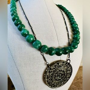 Vintage Green Bead & Medallion Necklace Lot